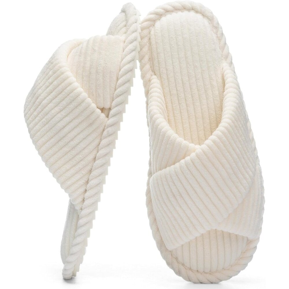 ⚡Women Beige Cotton Memory Foam Bedroom Corduroy Crossbands Open Toe Shoes